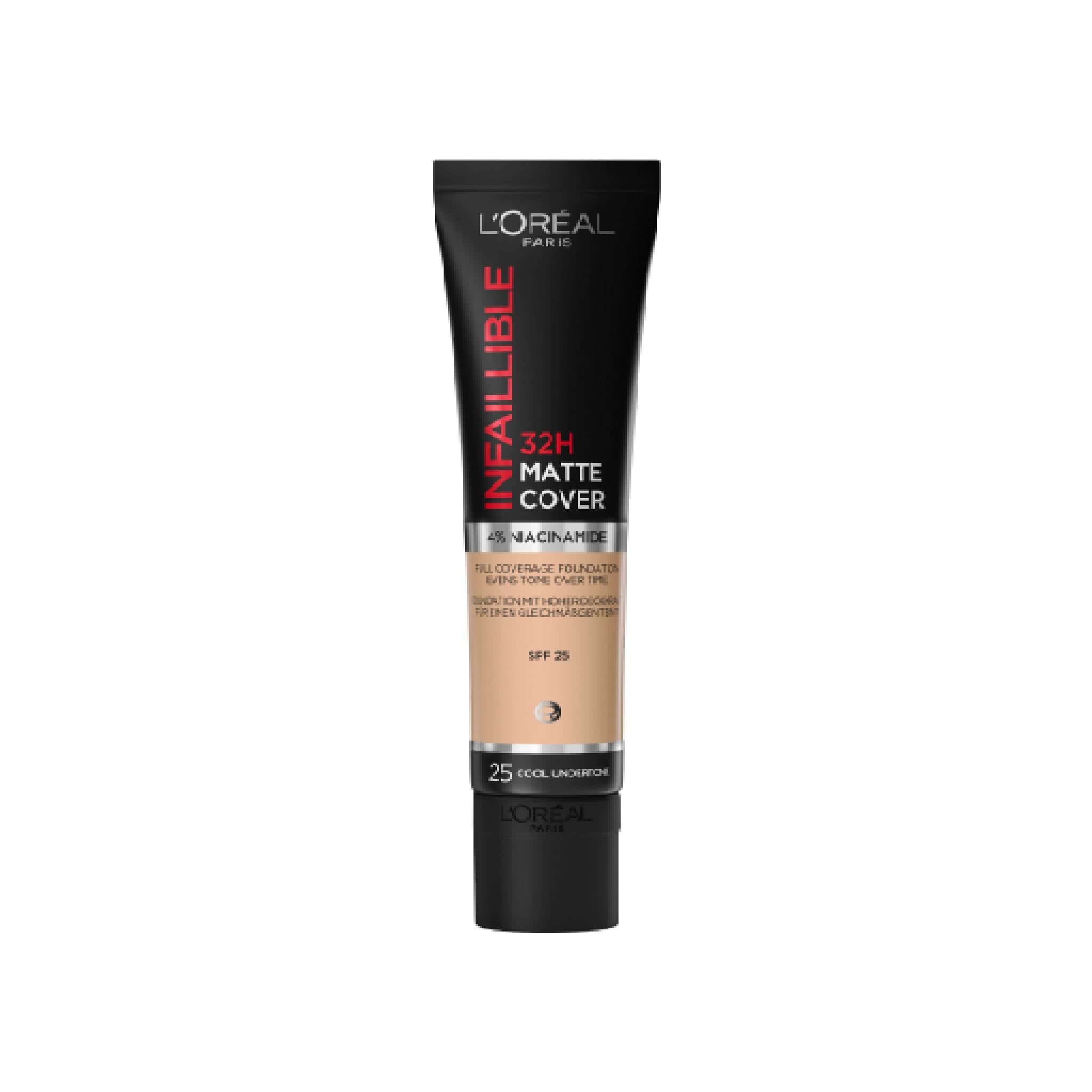 Infaillible 32H Matte Cover Liquid Foundation, With 4% Niacinamide, Long Lasting, Natural Finish, SPF 25