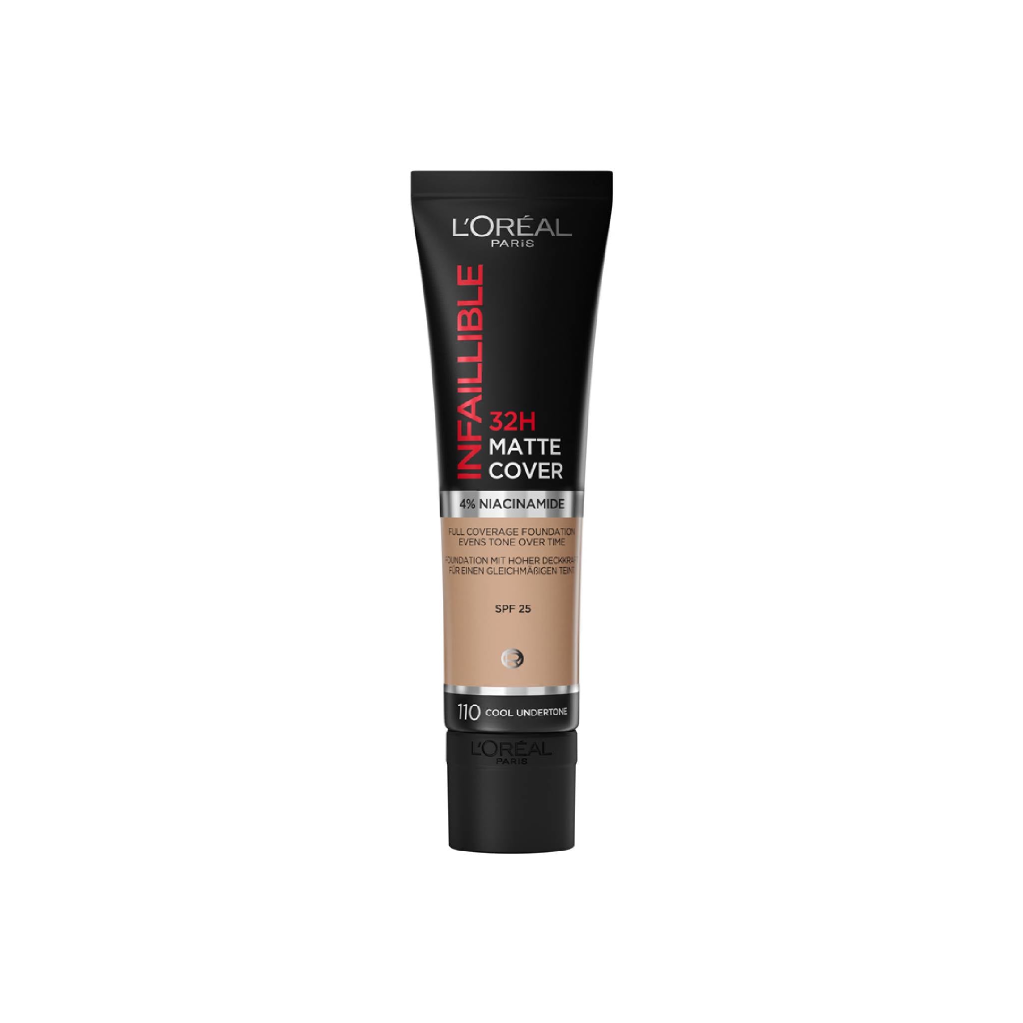 Infaillible 32H Matte Cover Liquid Foundation, With 4% Niacinamide, Long Lasting, Natural Finish, SPF 25