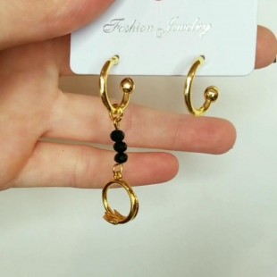Earrings Set Of Crystal Black With Round Gold Anneau 